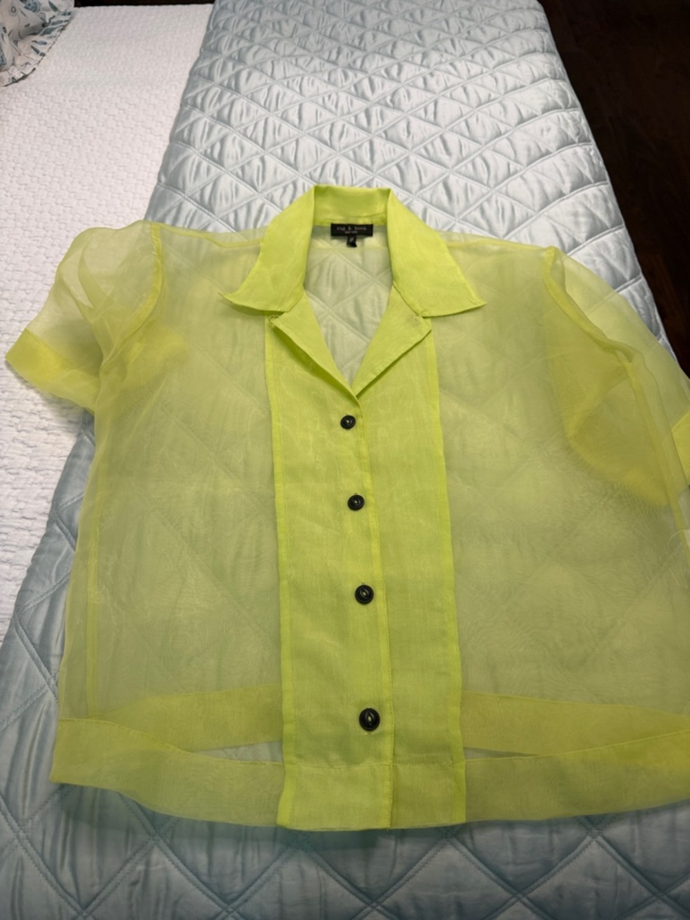 rag & bone Neon Yellow Sheer Short Sleeve Button Shirt